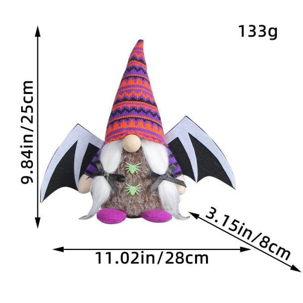 Winged Halloween Gnome: A gnome with a purple and pink hat and purple feet is shown with measurements