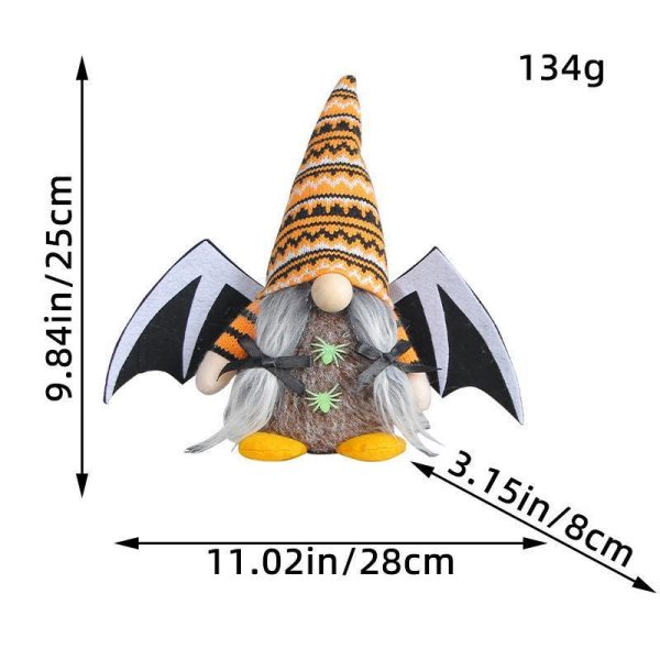 Winged Halloween Gnome: A gnome with an orange and black hat and yellow feet is shown with measurements