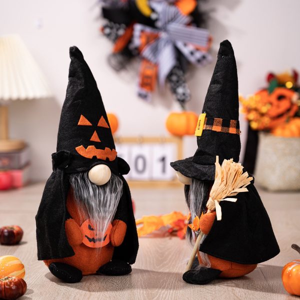 Halloween Gnome Plush: Two Halloween Gnome Plushes, one holding a broom and the other with a pumpkin